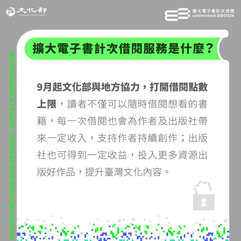 文化部補助直轄市及縣（市）政府辦理擴大推動電子書計次借閱及優化圖書採購機制。文化部提供