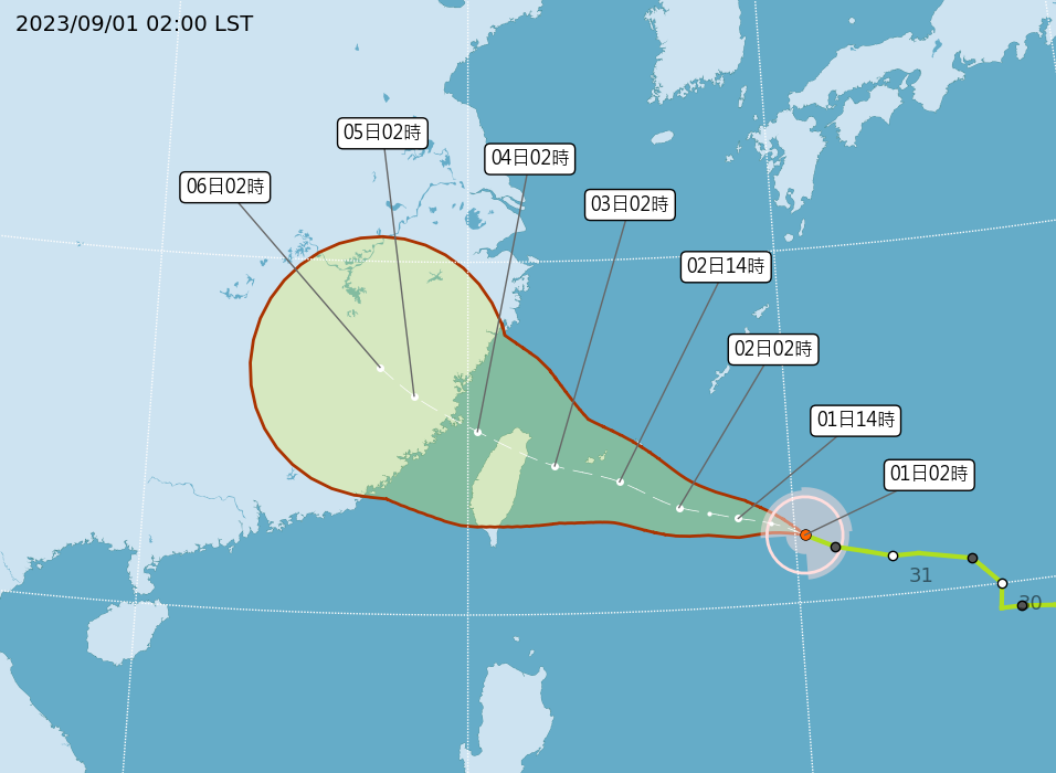 海葵颱風路徑潛測圖。番社中央氣象局網站