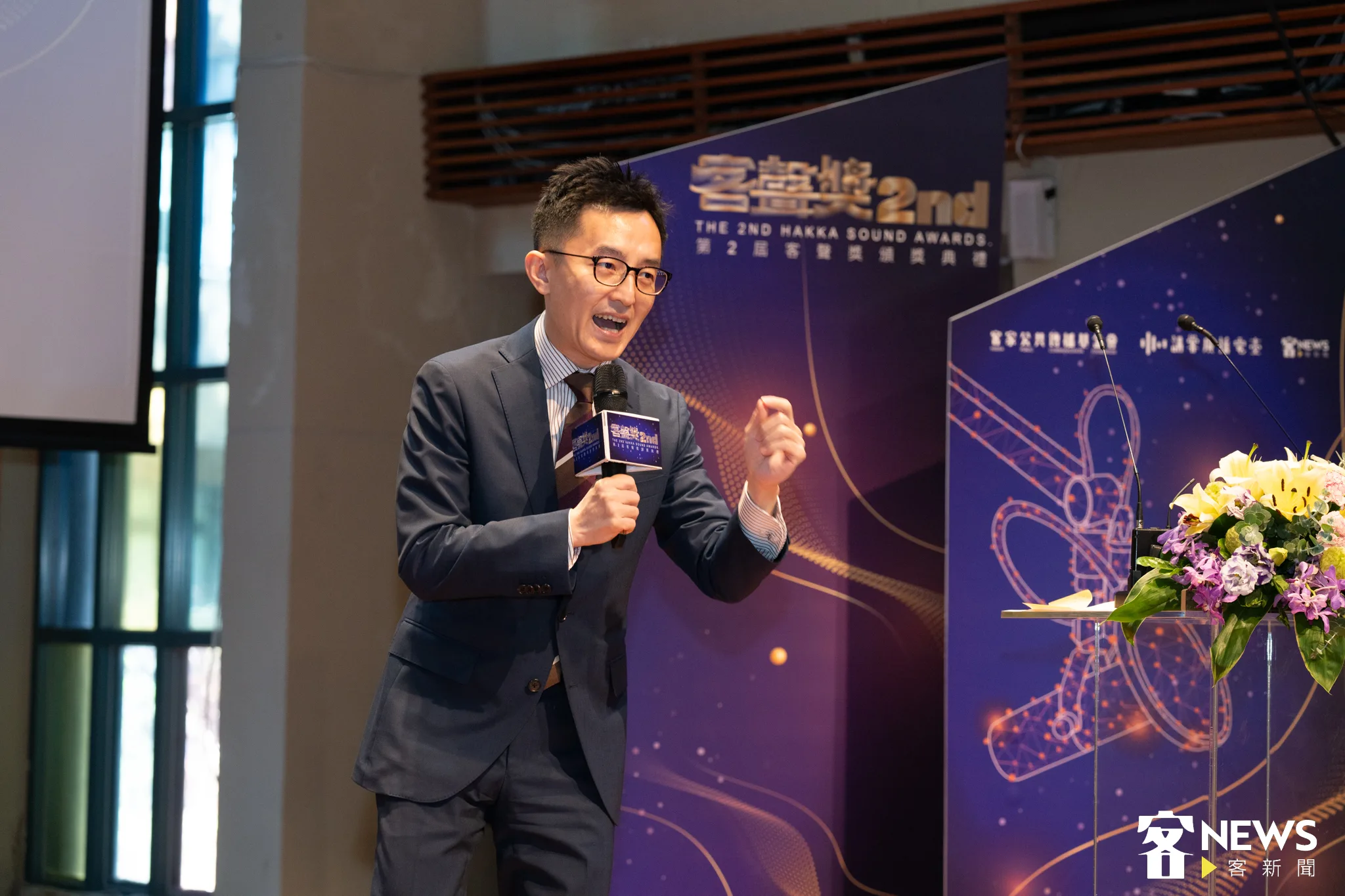 本次賽事評審長向盛言表示，這次他受邀擔任第二屆客聲獎的評審，他有一個心聲認為「客聲獎其實走得比廣播金鐘獎還前面！」宋佩遙攝。