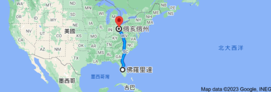 颶風伊達利亞中心的行進路徑。資料圖片，翻攝自《GoogleMap》