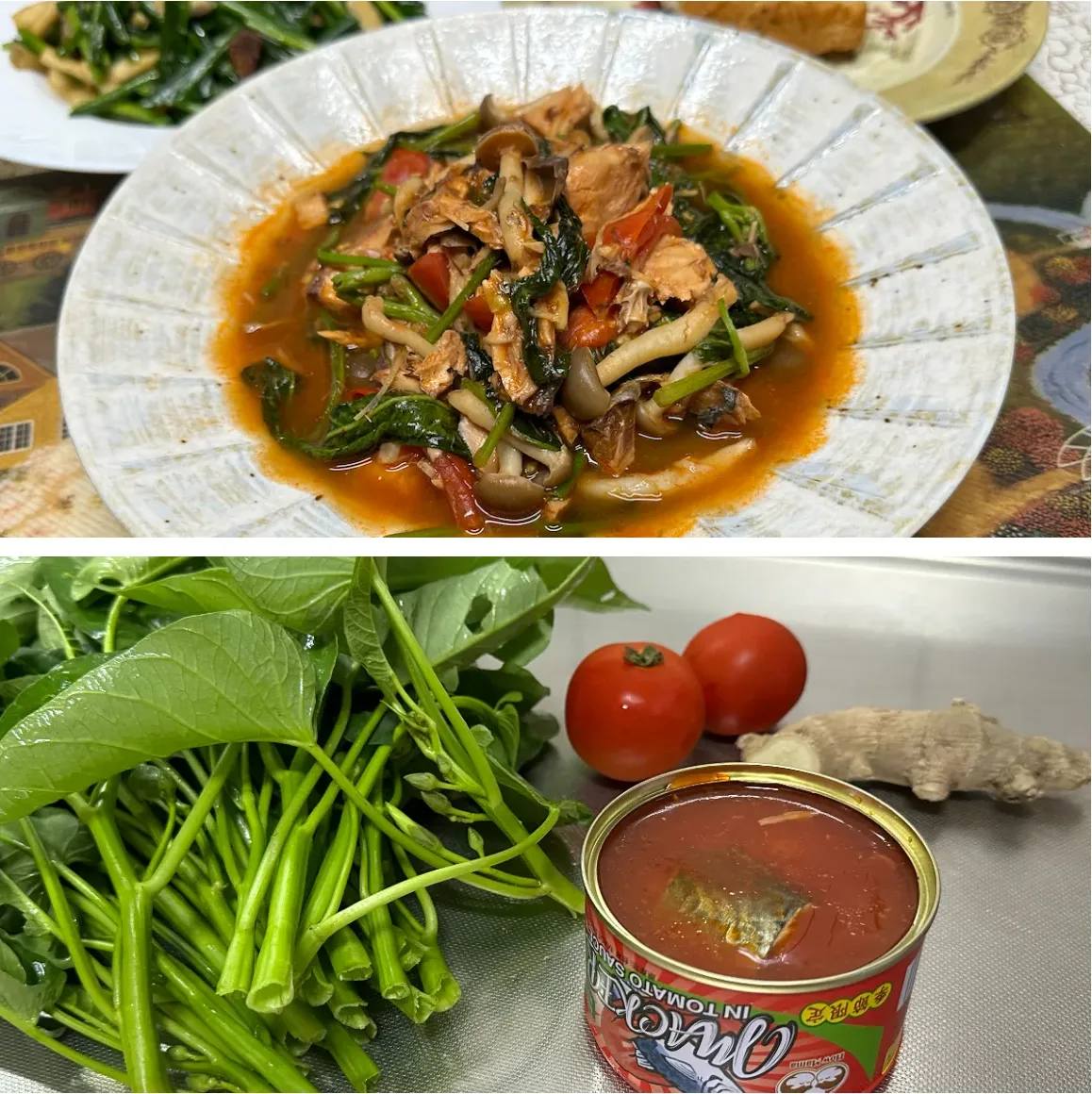 茄汁鯖魚罐頭炒蕹菜。蕭秀琴攝