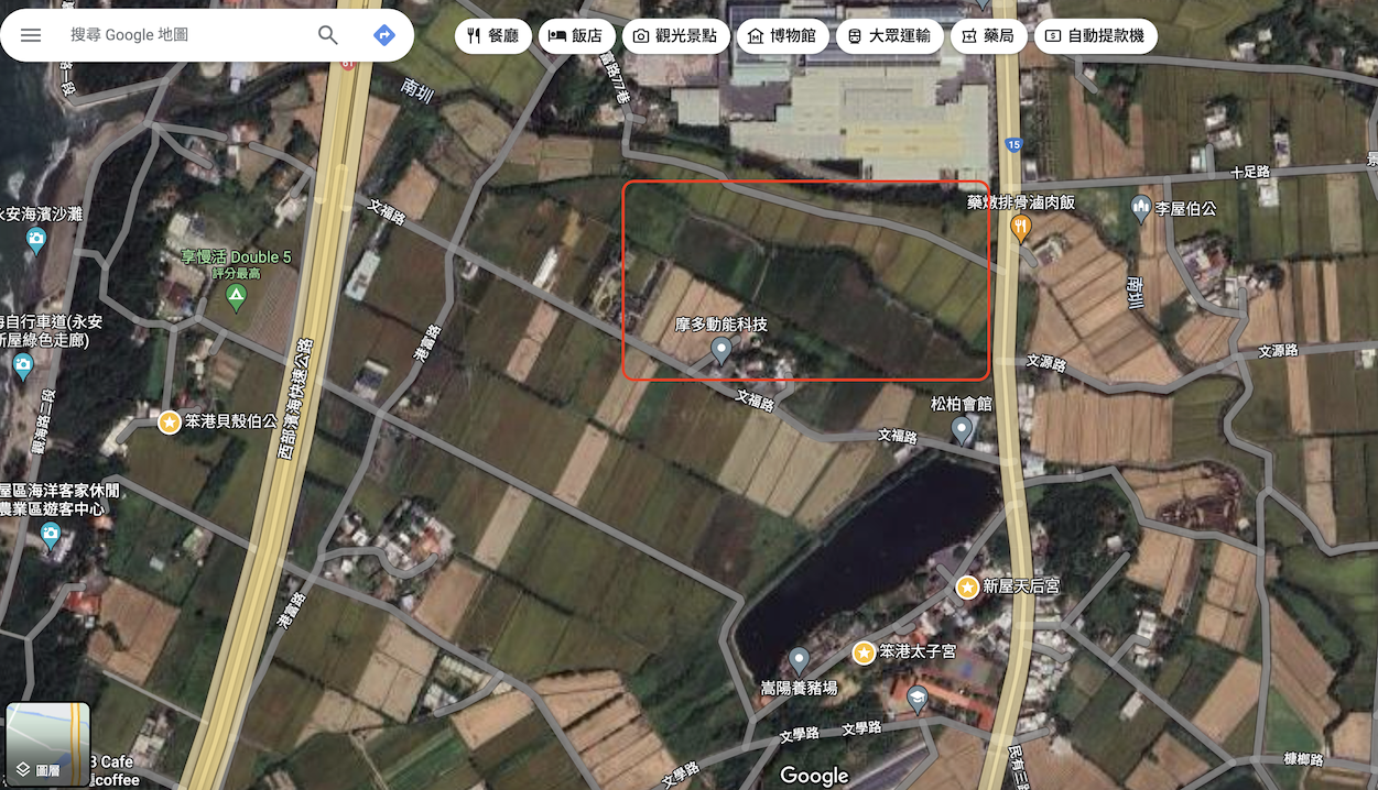 紅框處大約為電宰廠預定地，距離新屋天后宮旁僅約100公尺。翻攝google地圖