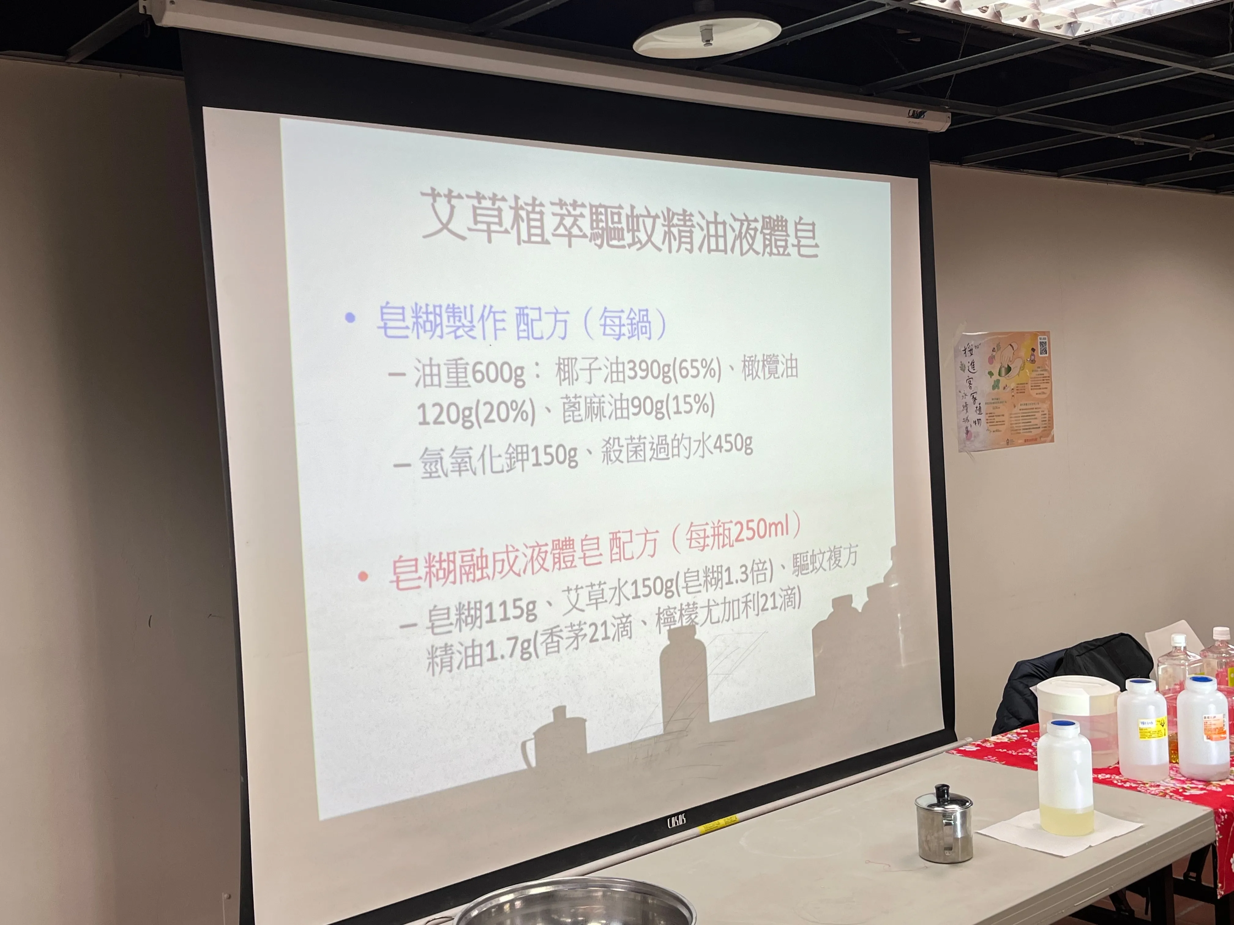 講師梁秀卿帶領學員們一起製作「艾草植萃驅蚊液體皂╳苦楝防蚊精油噴霧」，並在投影布幕上清楚寫上製作比例。蘇佑昇攝