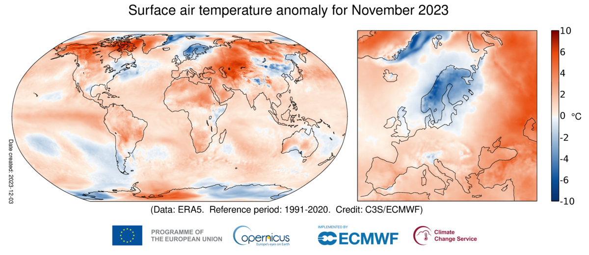 2023 年11月地面氣溫相對於 1991至2020 年11月平均溫度的異常。取自 Copernicus Climate Change Service網站