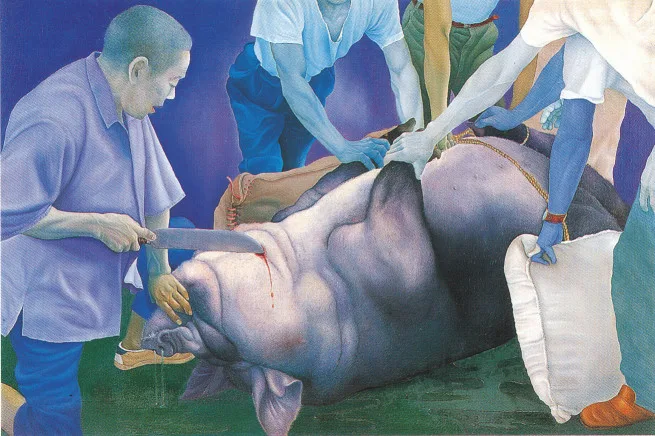 這張殺豬的畫作，名稱：「合理的虐殺」，謝孝德在批判客家中元節殺豬的習俗，因後來比賽逐漸變成為了得冠而不擇手段虐待動物，將豬公強吞鉛塊及灌水，畫作中，可以看見豬的鼻孔被殺時，流出的是水流，另外一個含意是，諷刺當時政府高壓統治台灣，亦象徵破壞及統治者，都會有其一套冠冕堂皇的說法。謝宇威提供