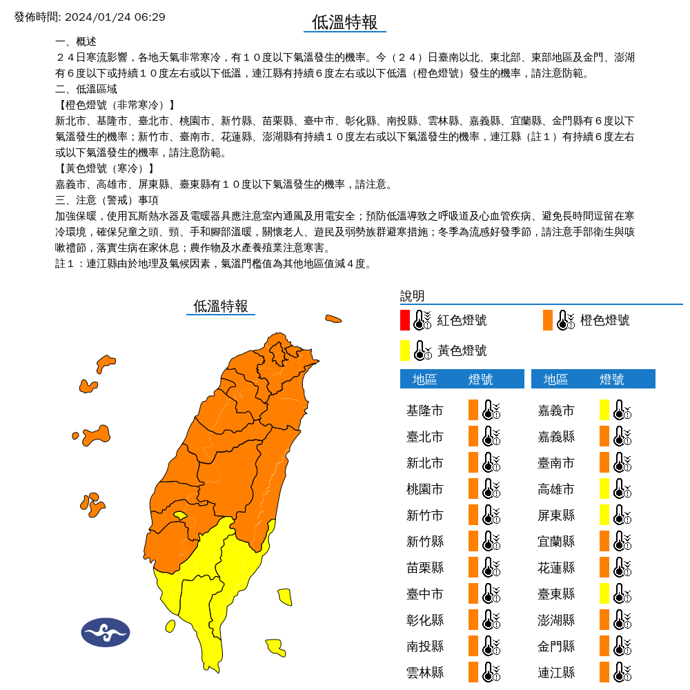 全台低溫特報燈號。取自中央氣象署網站