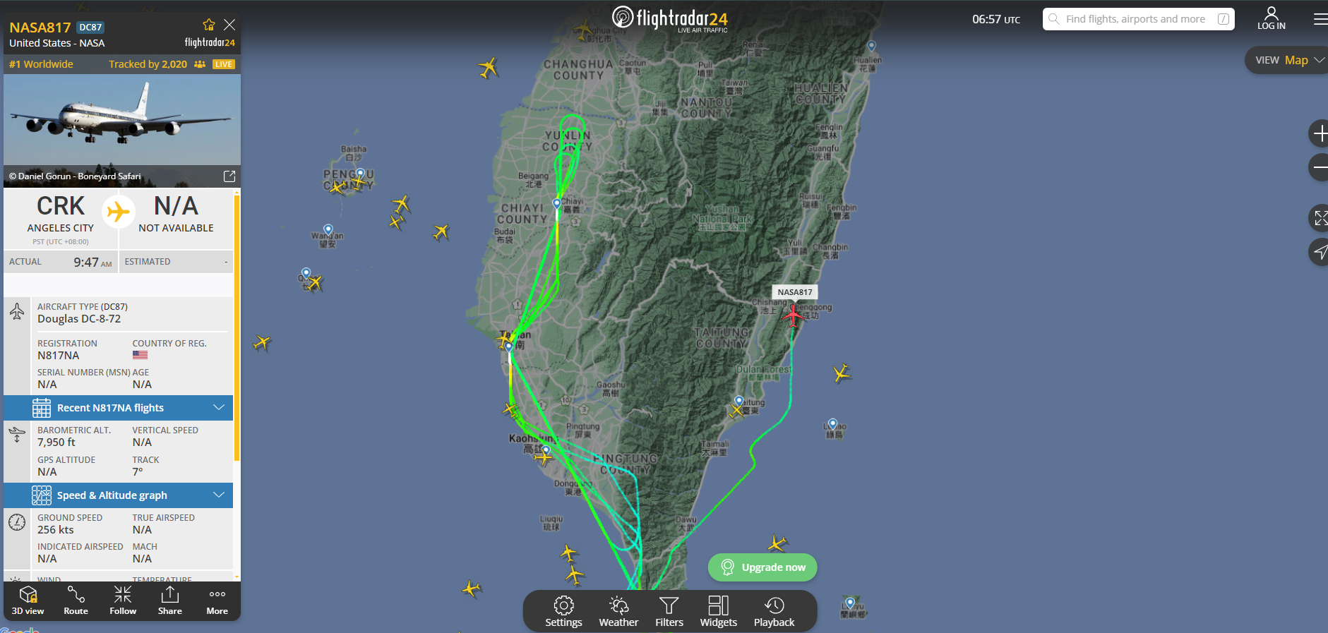 NASA科研機目前正在花蓮上空執行空氣品質監測任務。取自https://www.flightradar24.com/NASA817/34005e4f