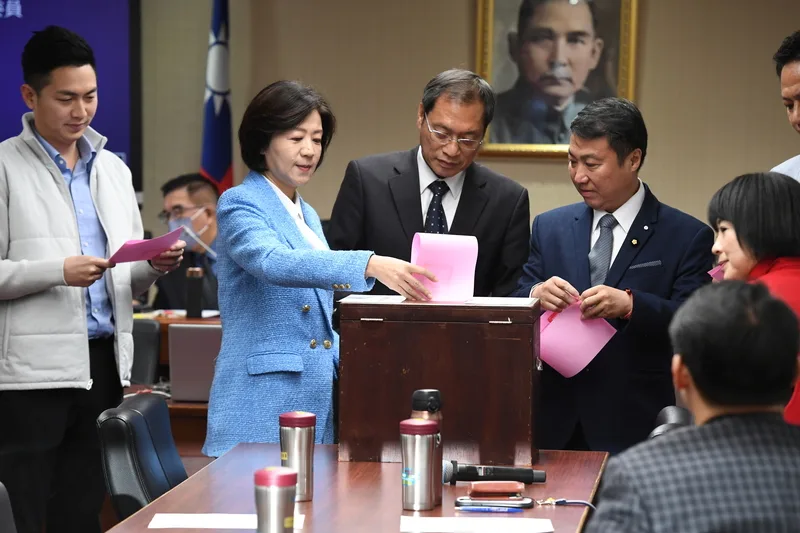立法院29日舉行8個常設委員會召委選舉，國民黨立法院黨團方面，規劃社會福利及衛生環境委員會由立委王育敏為召委。圖為王育敏（前左2）上午投票。中央社