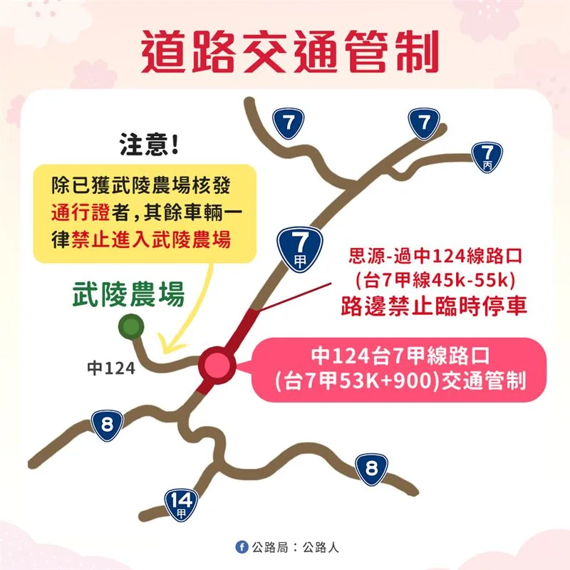 櫻花季期間武陵農場周邊道路將實施交通管制。(圖/公路局提供)