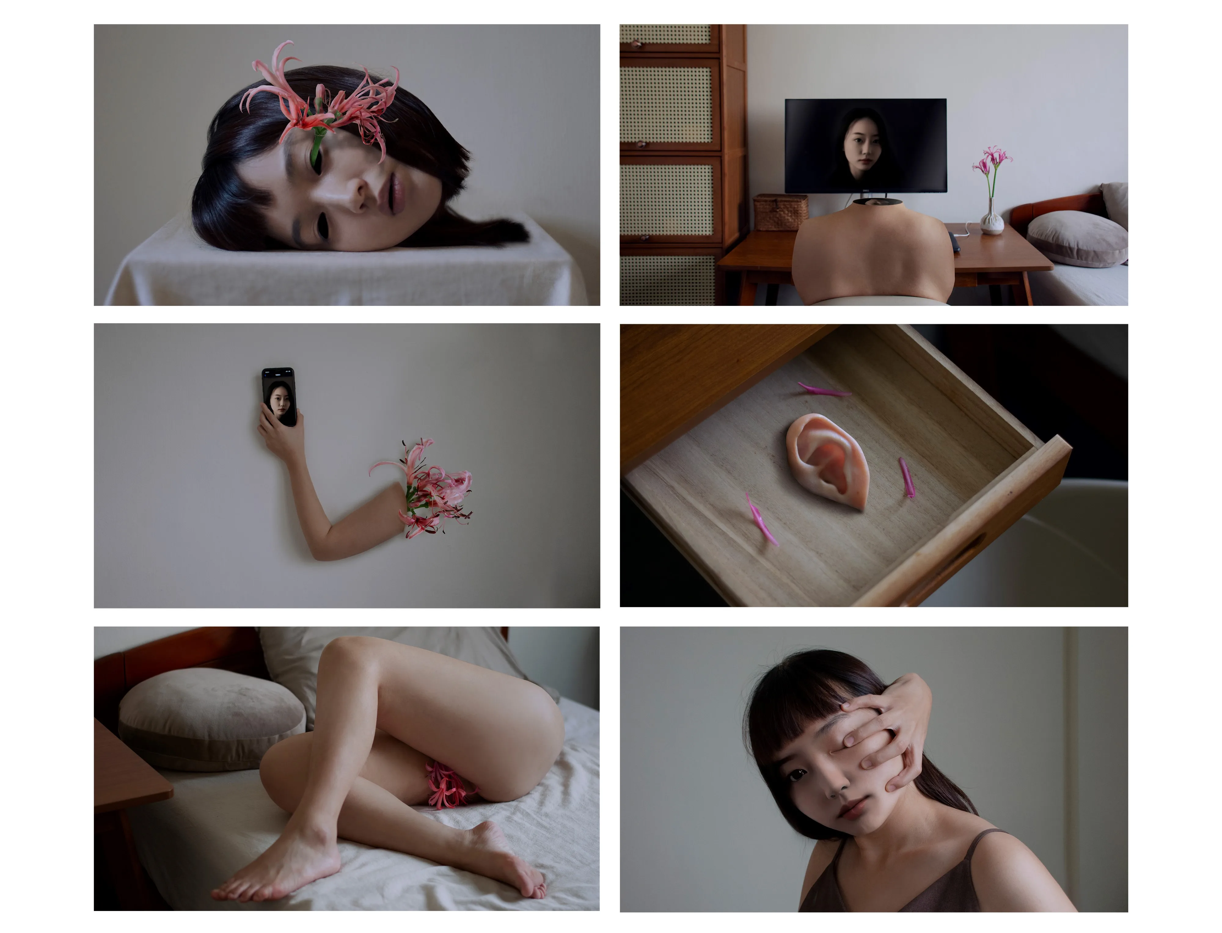 黃沐芸本次展出作品《年輪 #24 半成品》，部分採用AI進行創作，以女性標籤關鍵字生成自我肖像，控訴網路世代下，社群媒體如何使主體始終不完整，如作品中散落一地的支解自我。國家攝影文化中心提供