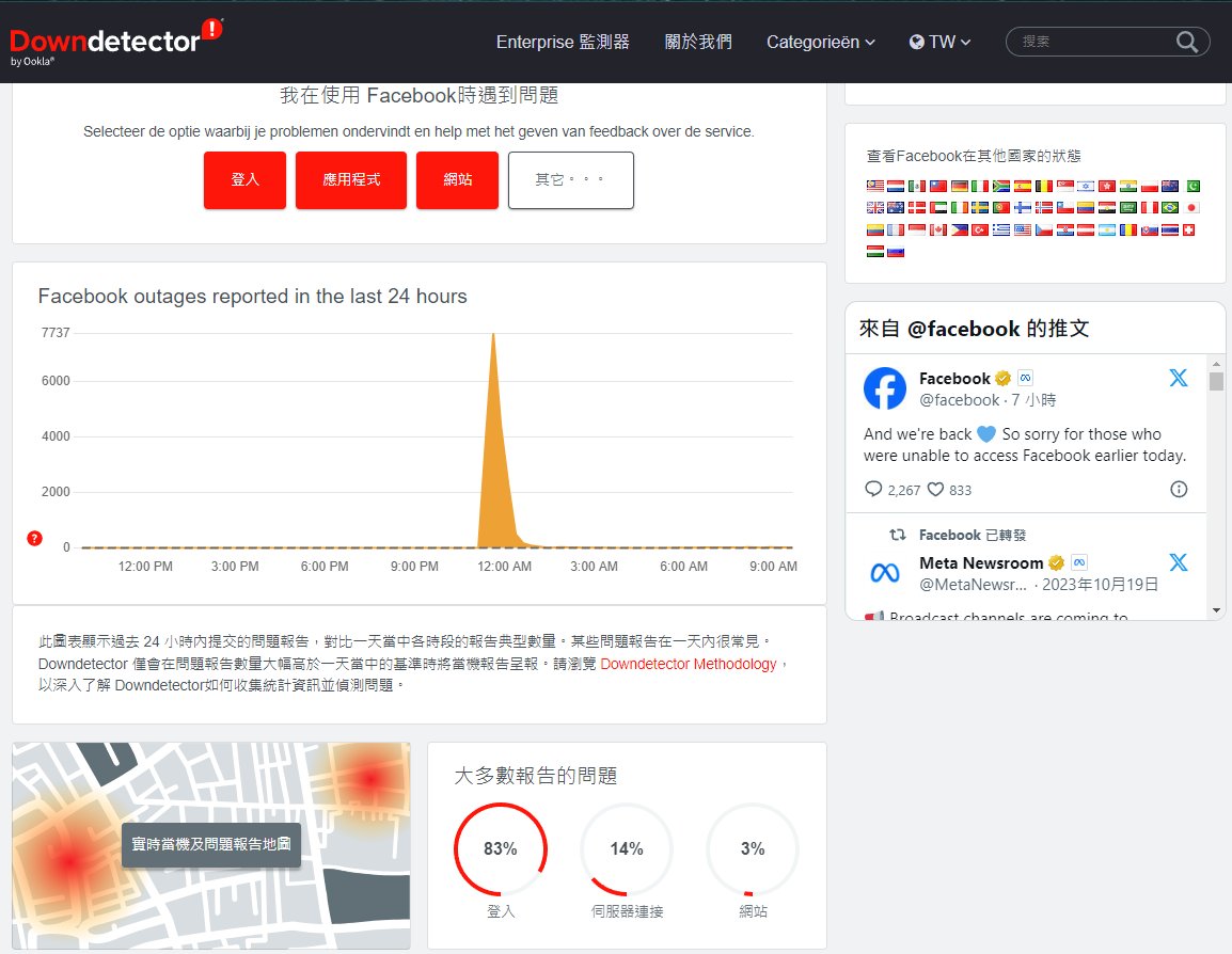 FB深夜大當機,根據FB深夜大當機,Downdetector監測系統故障通報。取自Downdetector網頁