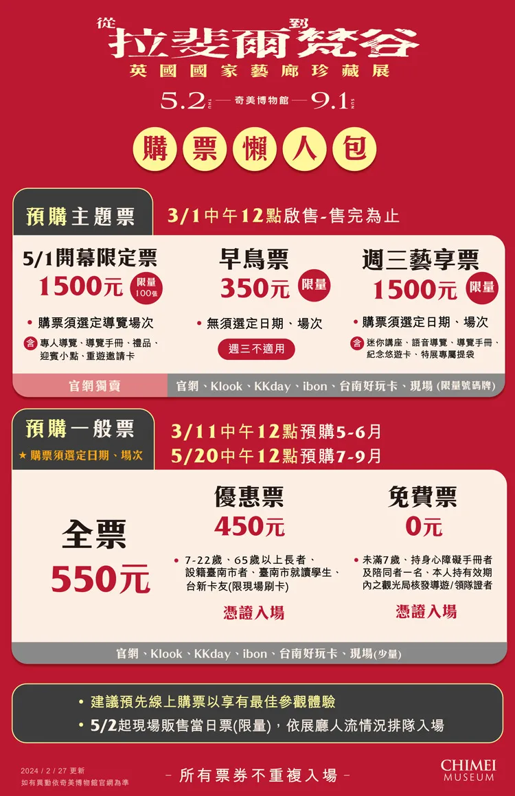 奇美博物館《從拉斐爾到梵谷：英國國家藝廊珍藏展》購票資訊。取自奇美博物館官網