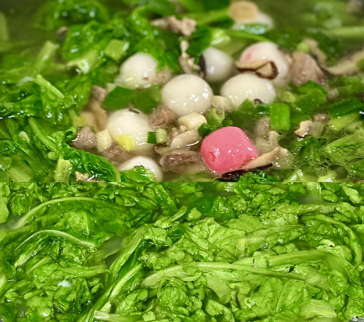 最能傳達客家飲食精髓的煮鹹「粄圓（海陸腔：banˊ rhan，湯圓），飽含了米食、配頭和菣香 ，粄圓煮好後，最後加入的季節香料，可以是茼蒿、韭菜，有人是為了茼蒿而吃粄圓，有人非得韭菜不可，倒是不喜加飲食攤常見的小白菜，因為以菣香觀點來看，小白菜並非香料食材，沒有香氣，不會增添<span style=