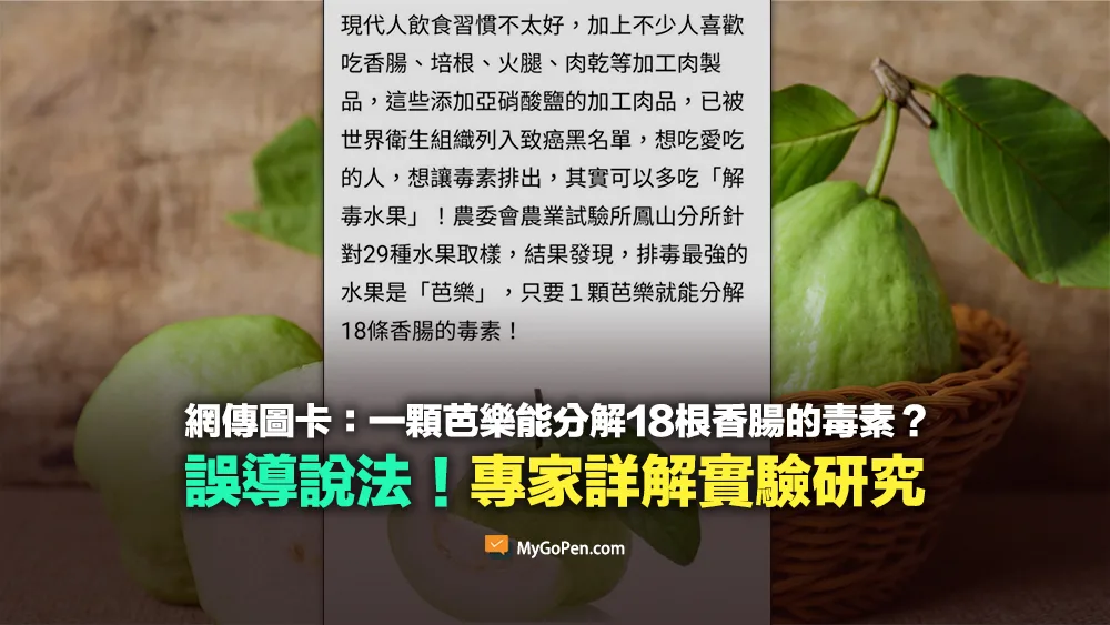 【誤導】一顆芭樂能分解18根香腸的毒素？錯誤說法！專家詳解實驗研究