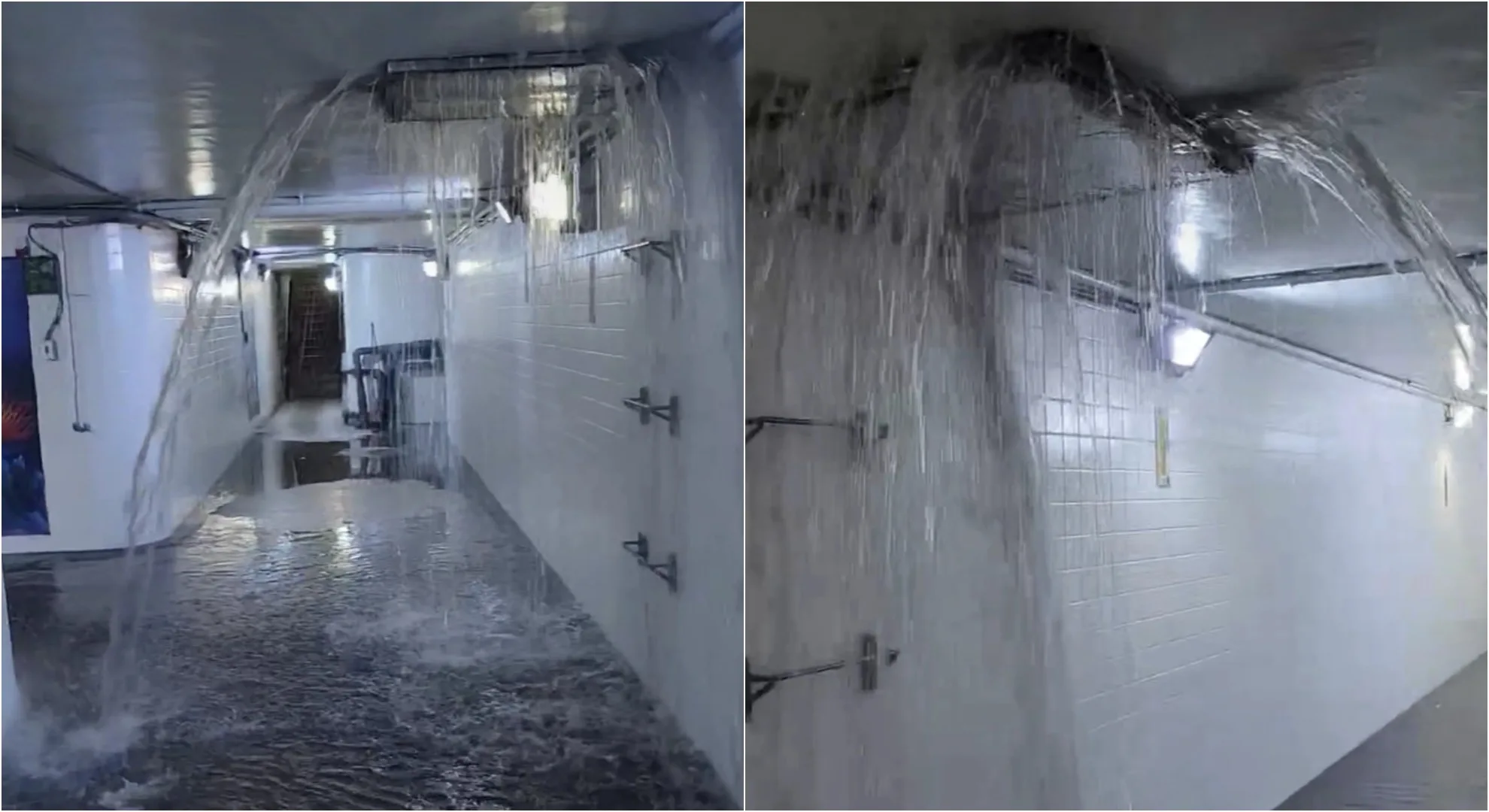 上午雙北暴雨，新北市永和區一處人行地下道淹水。翻攝畫面