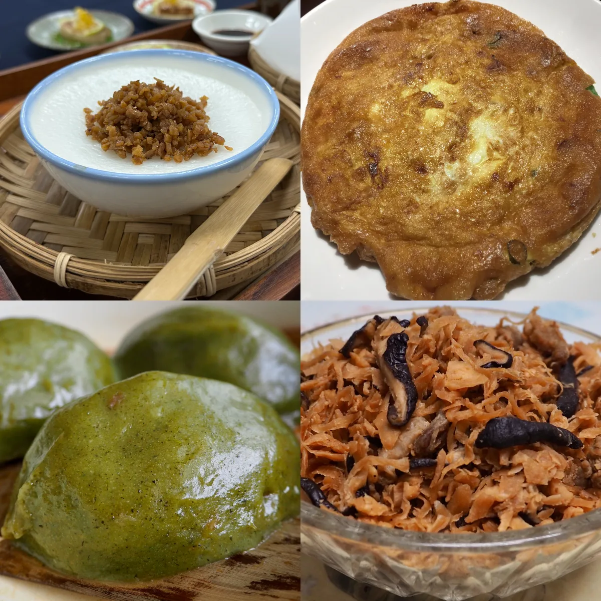 左上水粄、右上菜脯蛋，左下艾草菜包，右下是菜包裡的菜脯絲。蕭秀琴攝