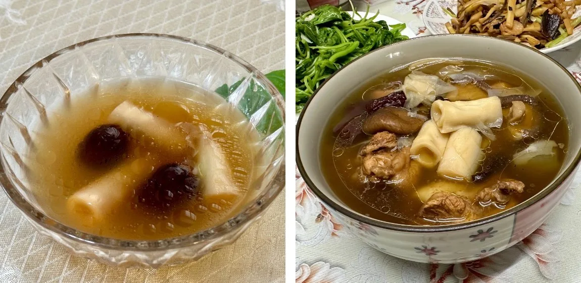 左，老菜脯雞湯的重點是喝湯，雞肉菜脯不過是湯底而已，右上，追求旬味也是老菜脯雞湯精緻之處，冬天吃剛上市的菜頭，初夏吃半個月就過季的桂竹筍，以老菜脯雞湯來煨，最是鮮美。蕭秀琴攝