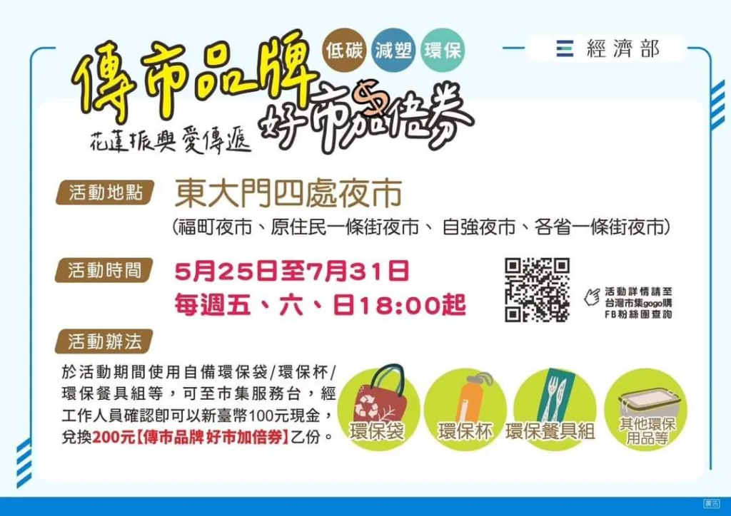 經濟部協同花蓮縣政府辦理「好市加倍券」,自5月25日起至7月31日,每週五、六、日晚間6時起,在東大門4處夜市服務台發送,活動期間民眾自備環保袋、環保餐具或其他環保用品,經夜市各區管理委員會工作人員確認後,就可用現金100元兌換面額200元「好市加倍券」。