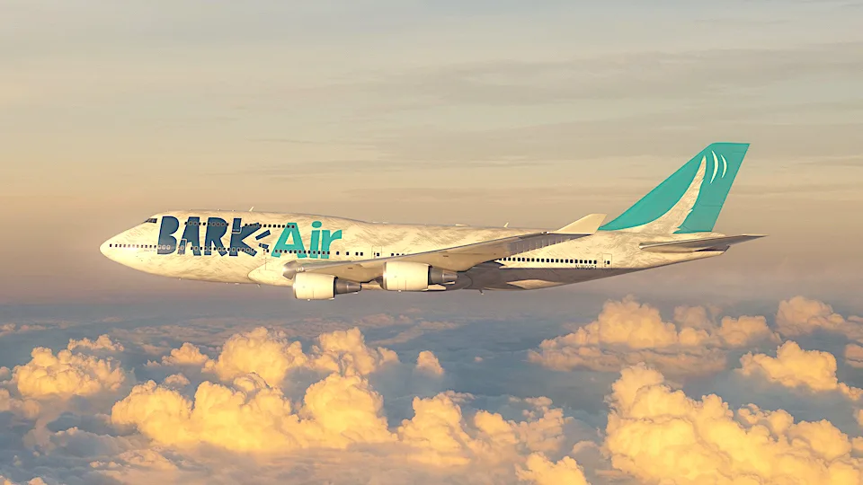 BARK Air狗狗航空飛機外觀，尾翼設計為狗狗尾巴別具巧思。翻攝自BARK Air官網