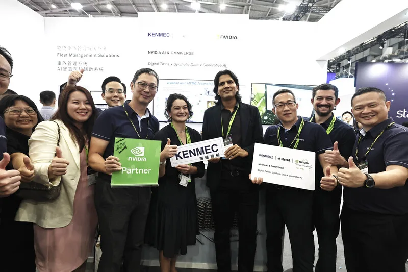 輝達（NVIDIA）執行長黃仁勳兒子黃勝斌（右2）、女兒黃敏珊（右5）5日參訪台北國際電腦展（COMPUTEX 2024）廣運攤位，與廣運執行長謝明凱（右6）合影留念。中央社