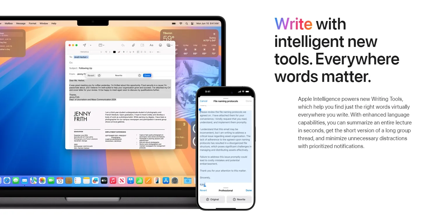 Apple Intelligence新系統內建書寫工具Writing Tools，有進行改寫、校對與文本摘要的功能。翻攝自Apple官網
