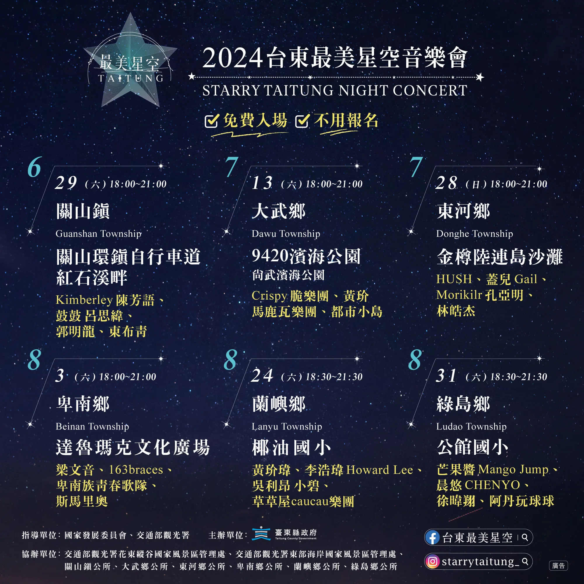 「2024台東最美星空音樂會」活動場次與表演陣容。翻攝自台東最美星空臉書