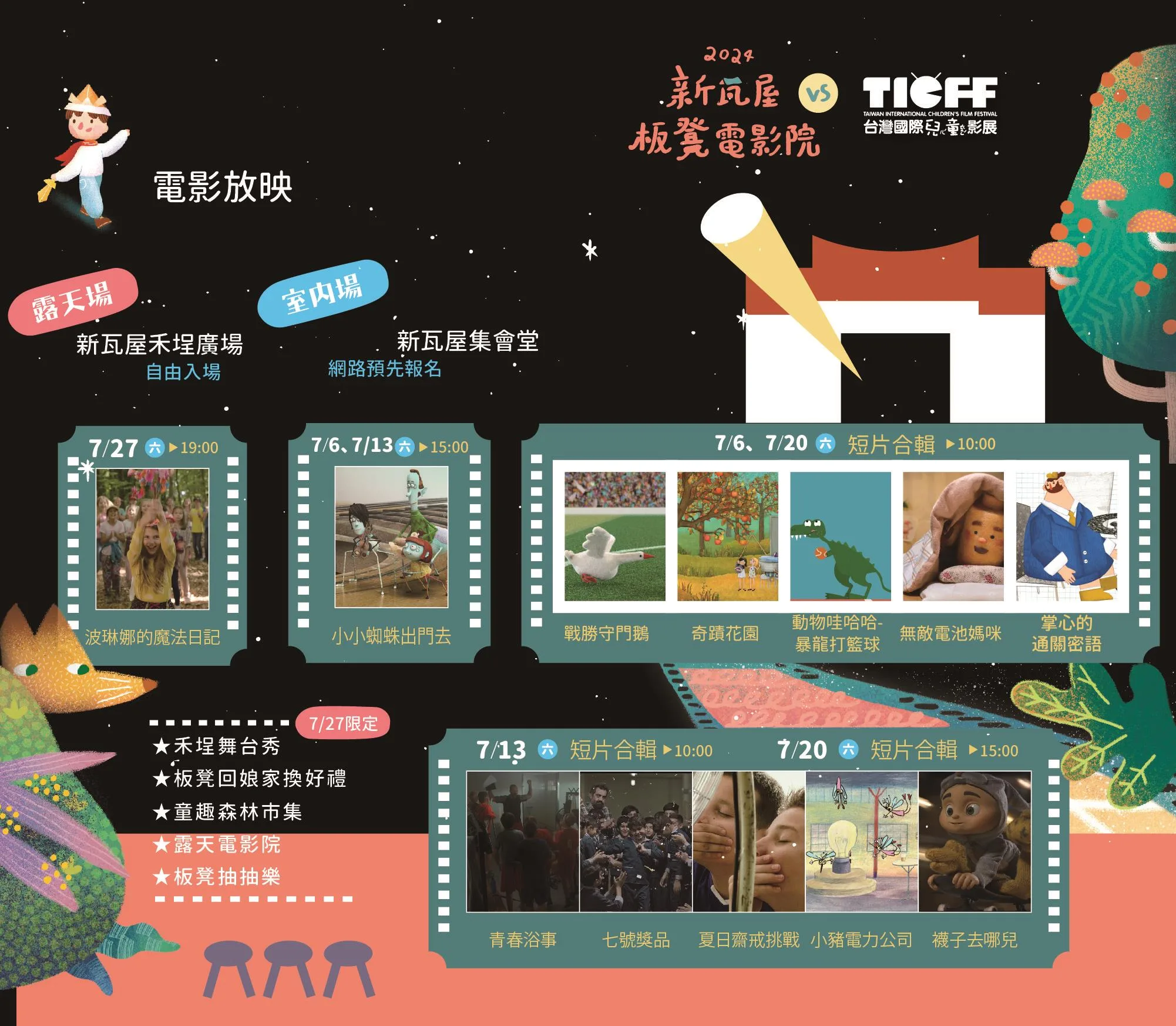新瓦屋板凳電影院精選12部國際大片,於7月6日起,一連4週的周六在新瓦屋集會堂上映。新竹縣文化局提供