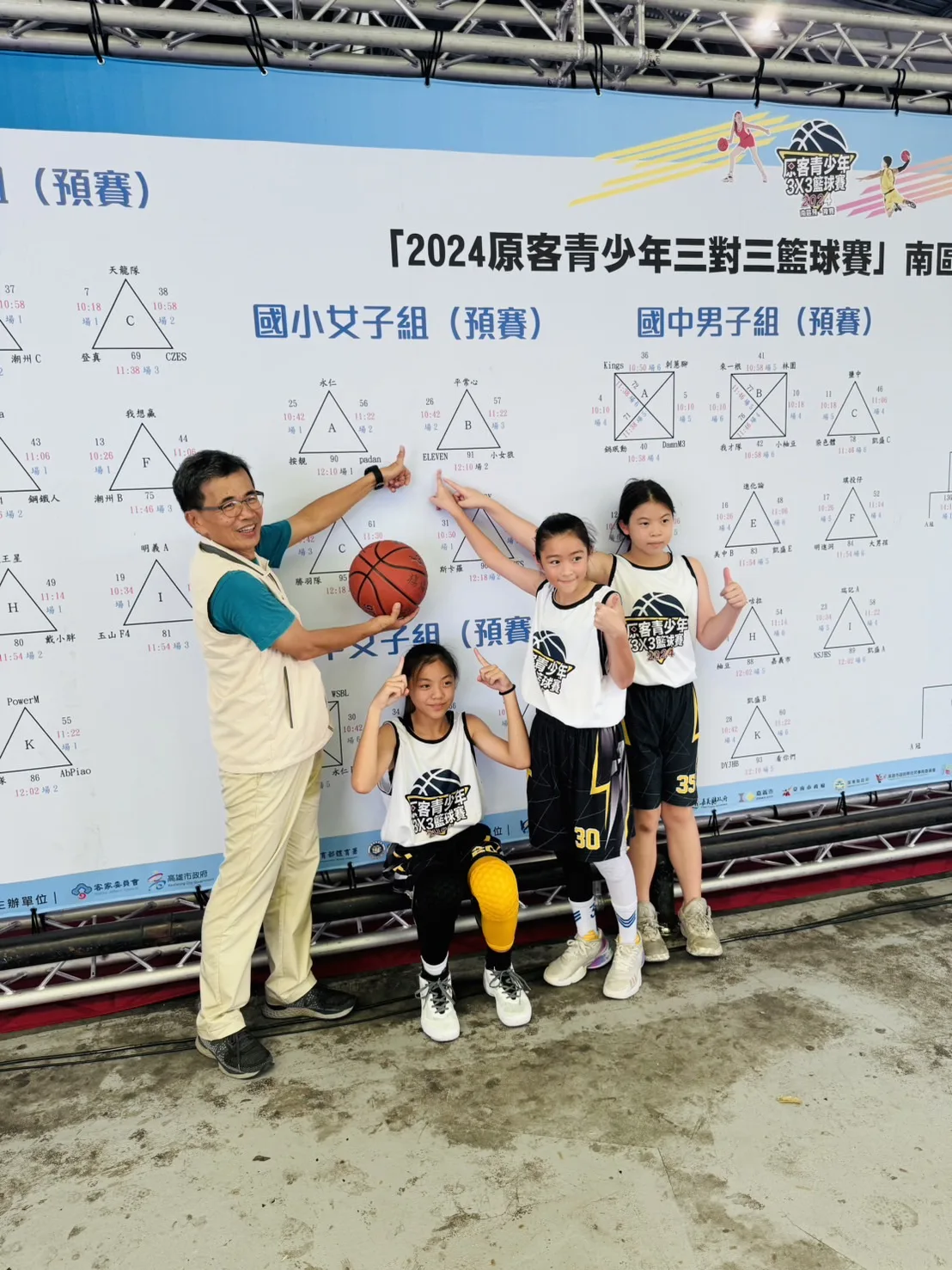台南市客委會主委陳新裕（左一）與臺南大學附設小學「ELEVEN」隊選手合影，陳新裕開心地為台南小將加油打氣。圖/南市客委會提供
