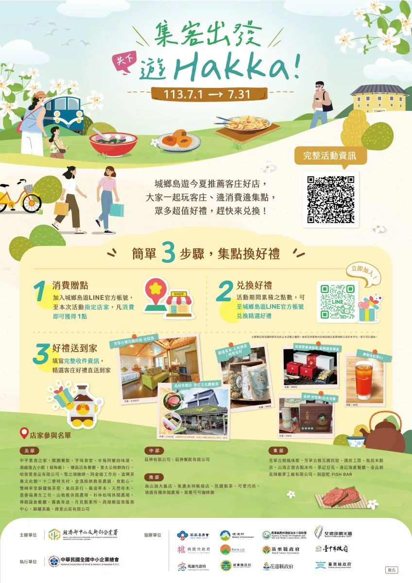 「集客出發,共下遊 Hakka」簡單三步驟,就能把好禮帶回家。城鄉島遊提供