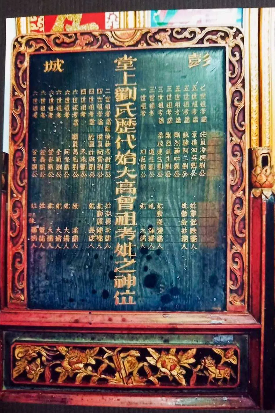 後龍新港社道卡斯族頭目加苞、貓老尉父子的「劉」姓祖先牌位,從名字演變,可看出漢化進程。此照攝於30年前。陳水木提供