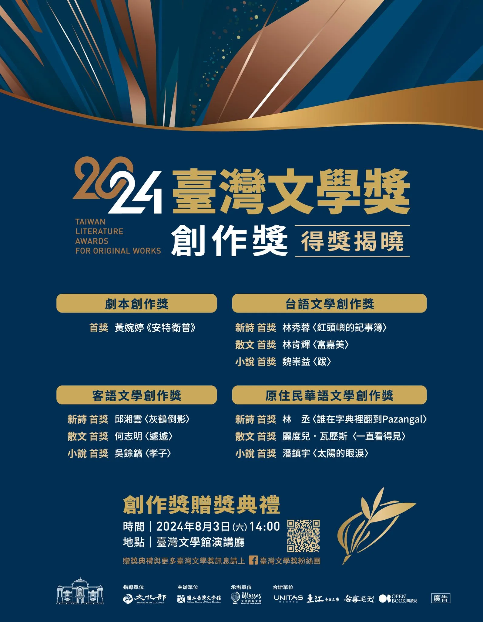 2024臺灣文學獎公布創作獎得獎名單。翻攝臺灣文學獎臉書