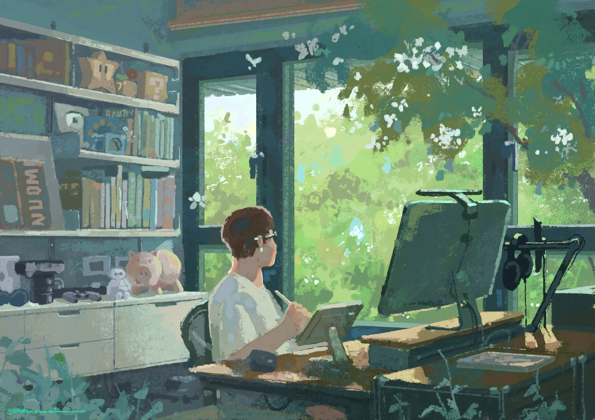 諾米畫作之一,描繪工作室窗外的油桐花。翻攝自Nuomi 諾米FB