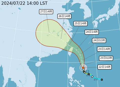 凱米颱風預測行進路徑圖。中央氣象署提供