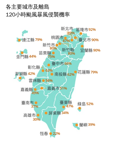中央氣象署預測凱米颱風１２０小時颱風暴風侵襲機率圖。中央氣象署提供