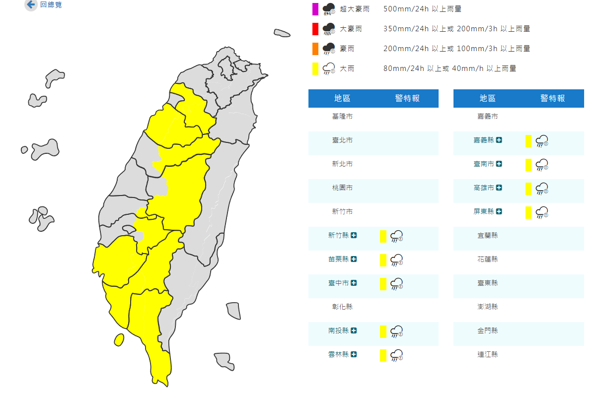 氣象署發布大雨特報：新竹、苗栗、南部及中部山區防大雨