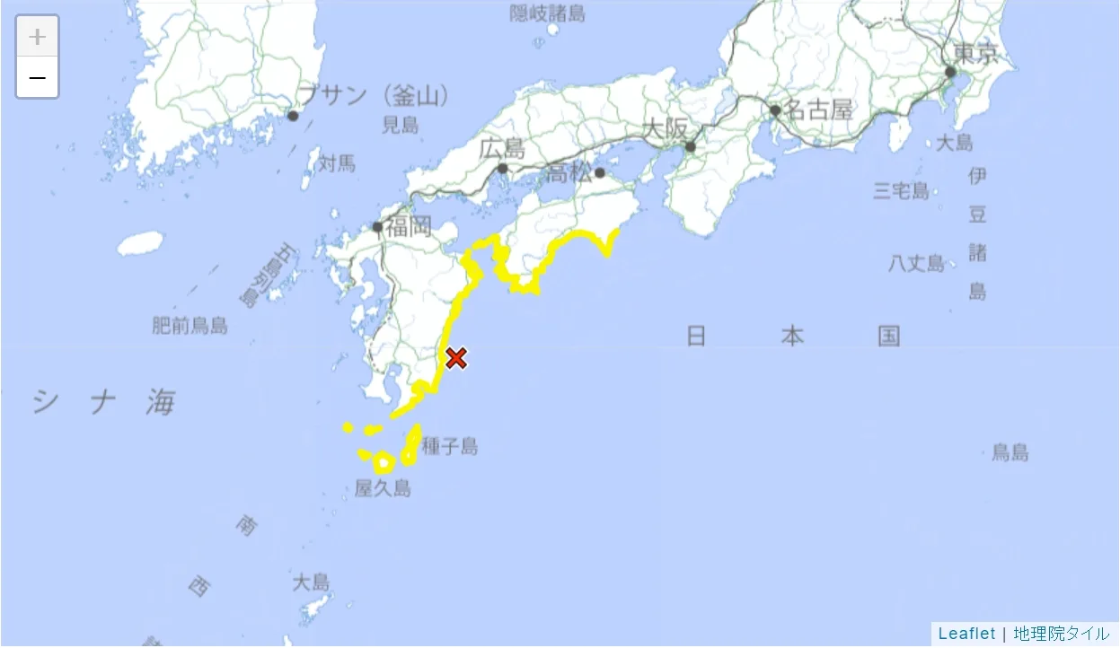 氣象廳已經針對宮崎縣、高知縣、大分縣、鹿兒島縣、愛媛縣的沿岸發布「海嘯注意報」。截自日本氣象廳網站