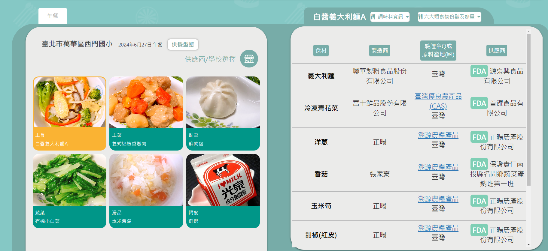 台北市萬華區西門國小學校午餐菜單。翻攝教育部校園食材登錄平臺