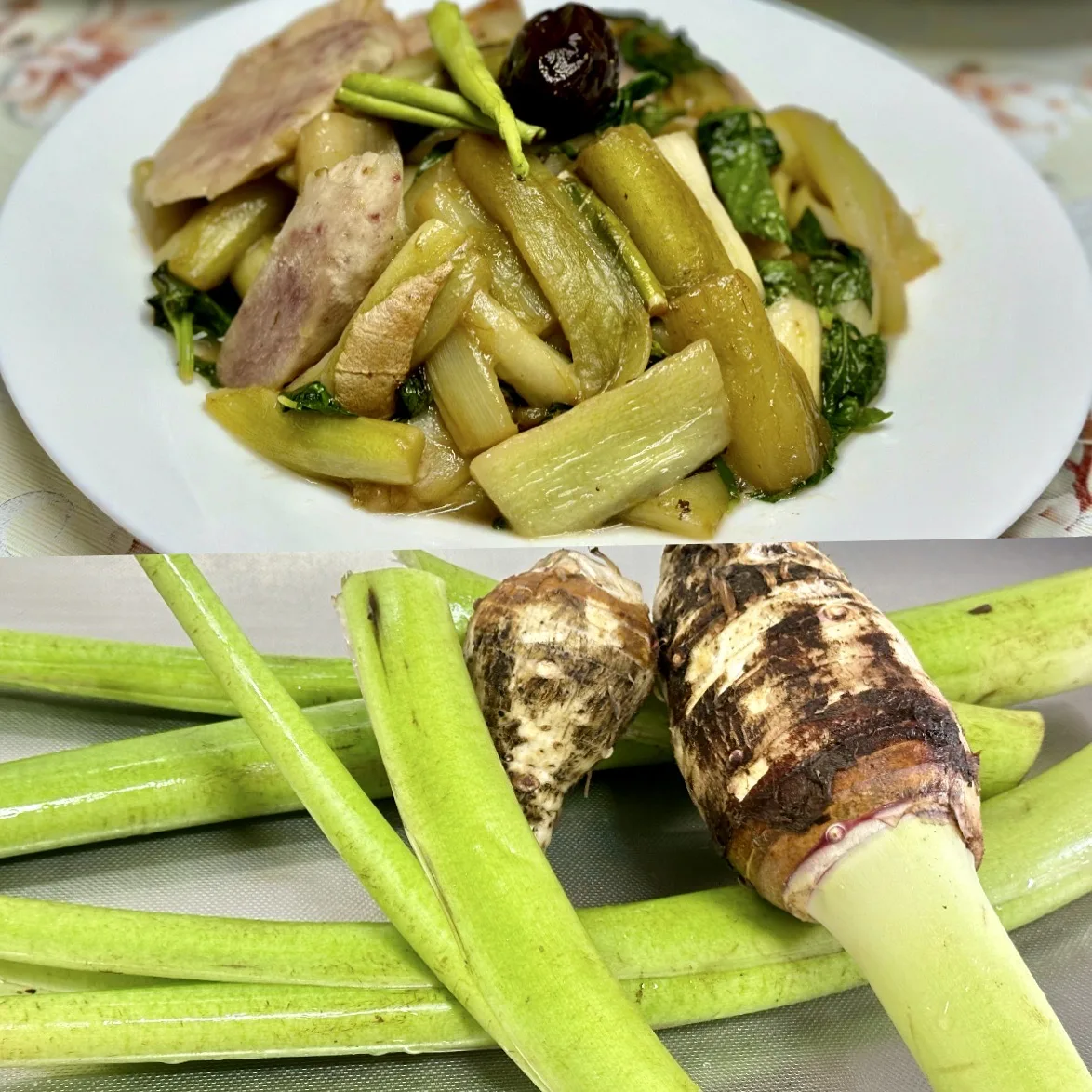 用紫蘇梅熻芋荷，客家人吃芋都說要加七牽插才會香，所以薑和七牽插是煮芋的基本香料。蕭秀琴攝