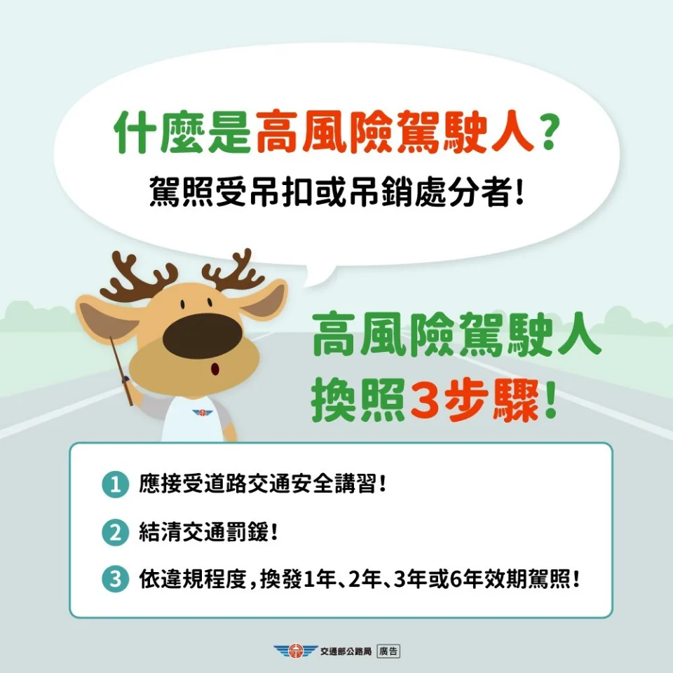 10月31日起,高風險駕駛人強制定期換發短期駕照。公路局提供