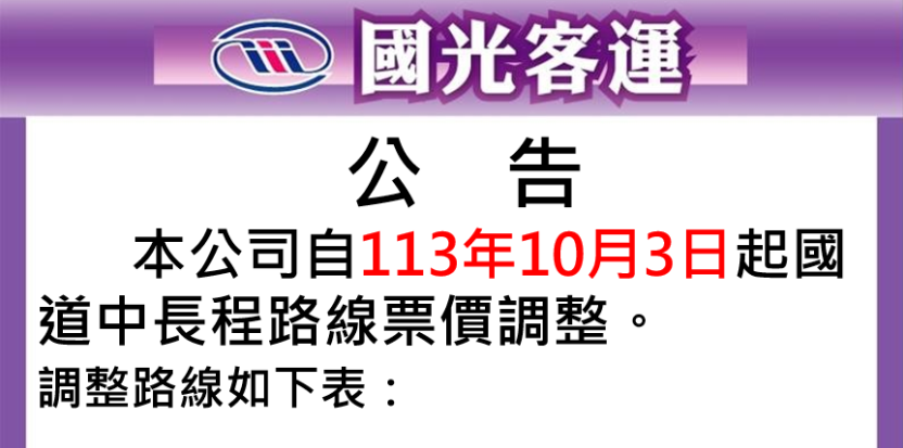 國光客運宣布29條路線10／3調漲　北高最多漲36元