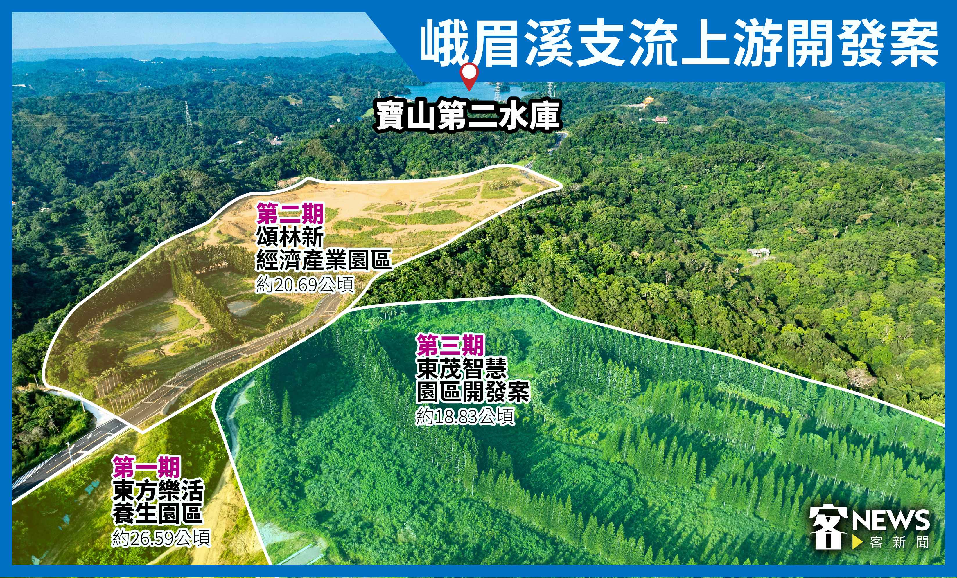 峨眉寶山交界五期、面積多達82.7公頃的開發案，第一、第二期已在動工。《客新聞》製圖，宋佩遙攝
