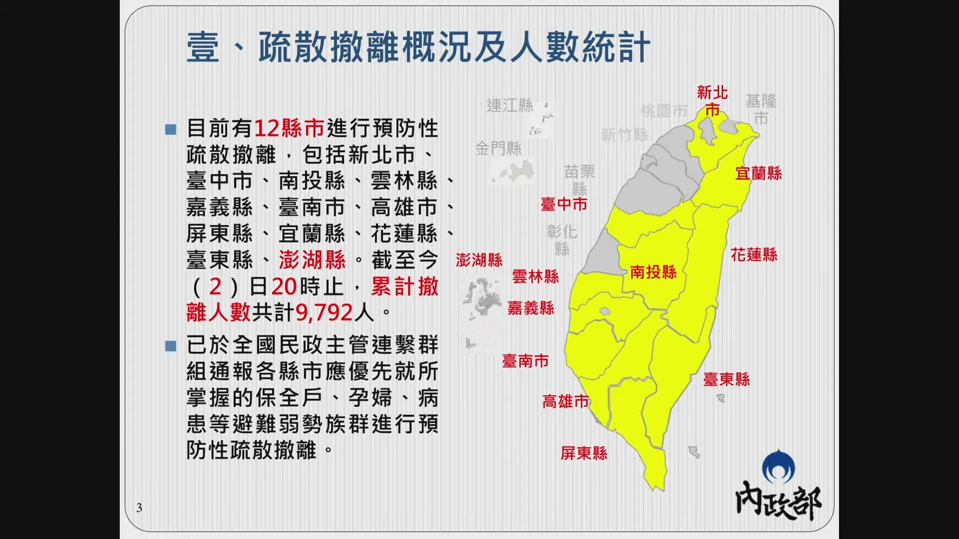 山陀兒颱風中央災害應變中心第十二次工作會報暨情資研判會議。翻攝直播畫面