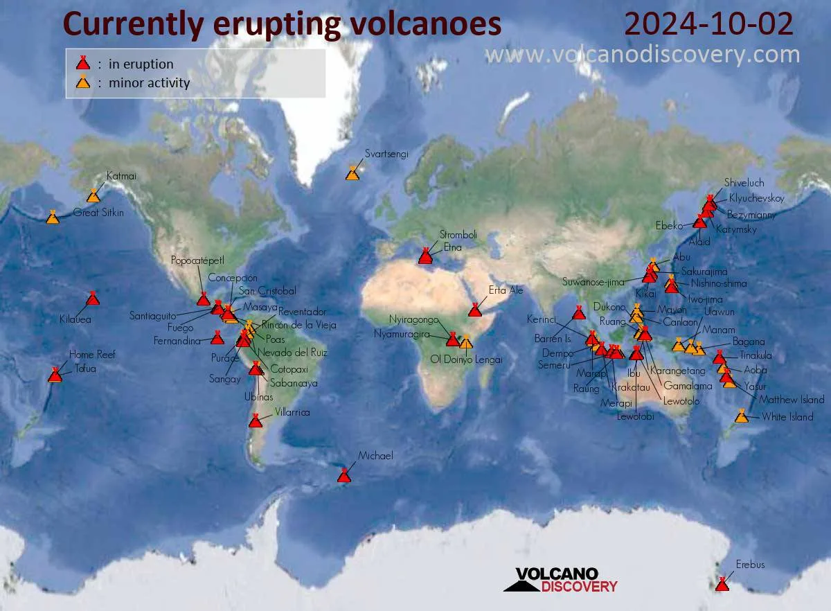 至本月2日,全球各地活躍的火山運動。翻攝自Volcano Discovery官方《推特》
