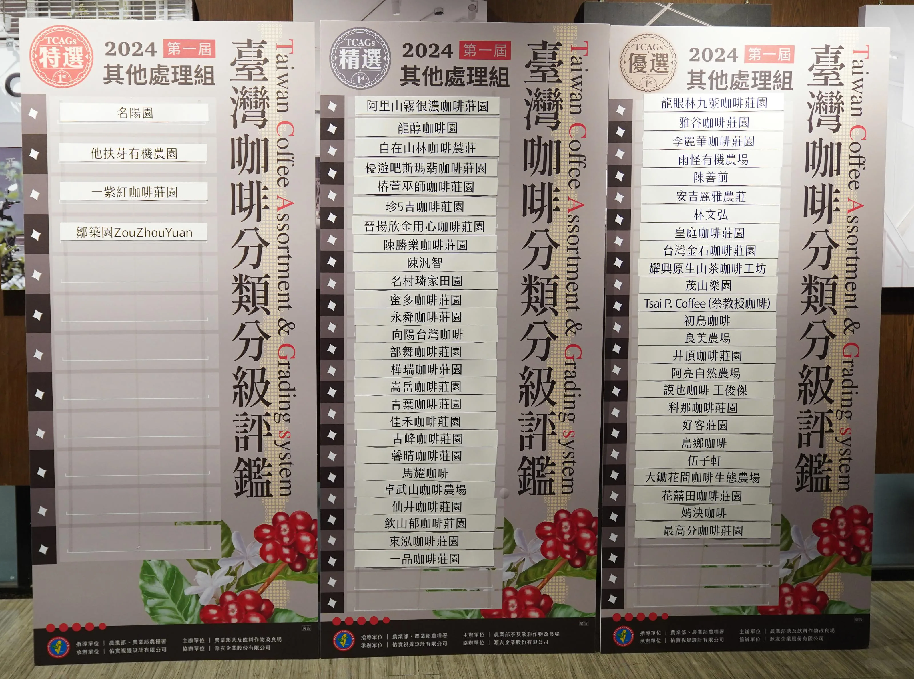 2024第一屆臺灣咖啡分類分級(TCAGs)評鑑賽其他處理組得獎名單。茶改場提供