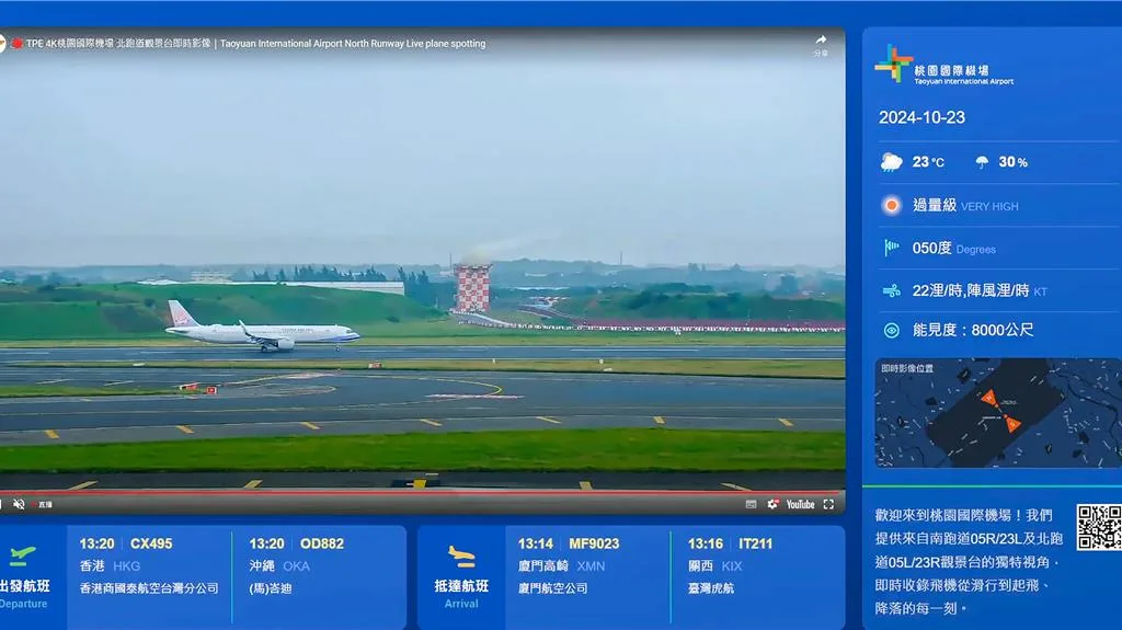 桃園機場直播頻道設有航班資訊、即時天氣、機場能見度及聊天室功能。桃園機場公司提供