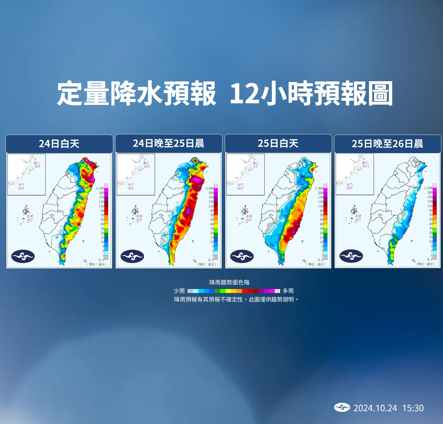 24日至25日，12小時定量降雨預報。氣象署提供