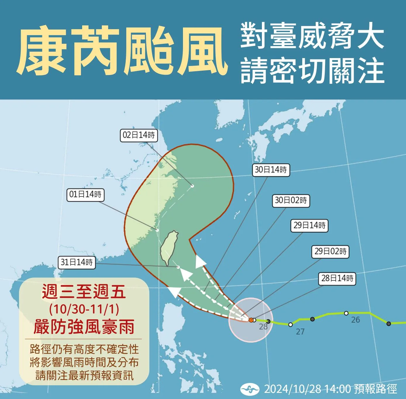 颱風康芮仍在增強長胖　估傍晚前後發布海警