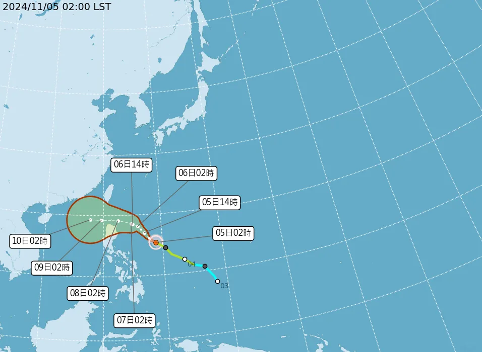 中央氣象署今（5）日2時公布銀杏颱風最新動態。中央氣象署提供