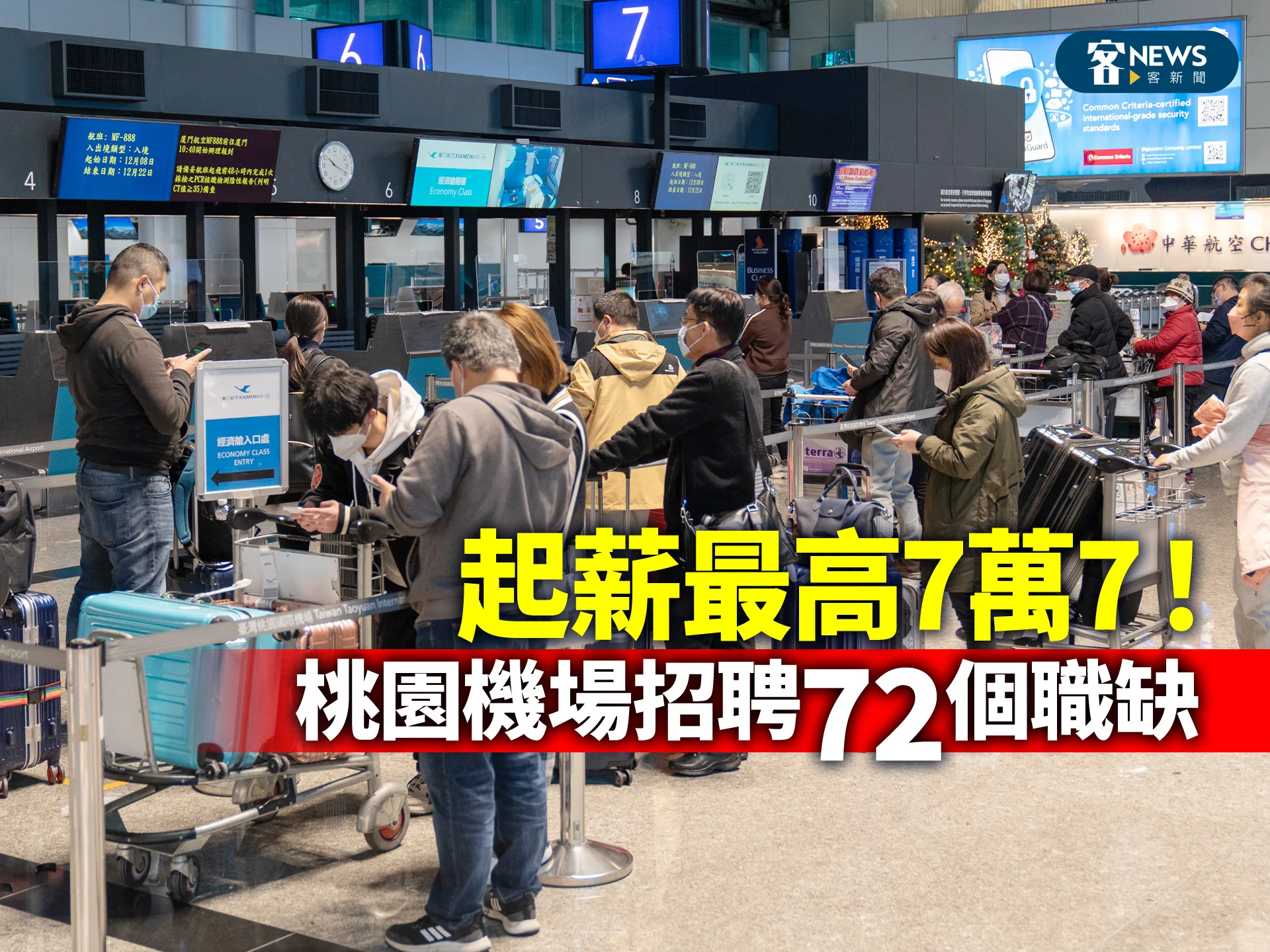起薪最高7萬7！桃園機場招聘72個職缺
