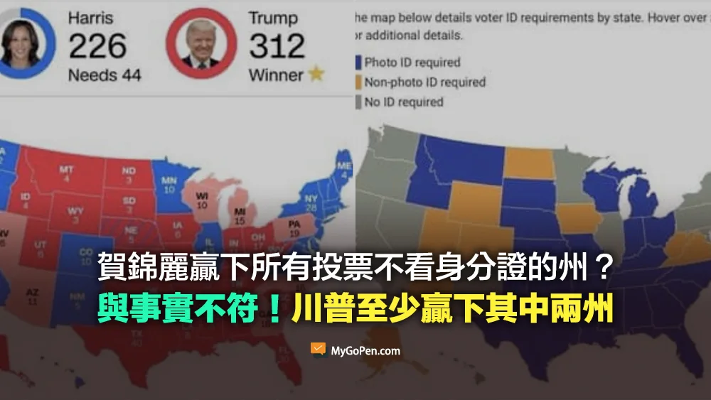 【錯誤】賀錦麗贏下所有投票不看身分證的州？與事實不符！川普至少贏下其中兩州